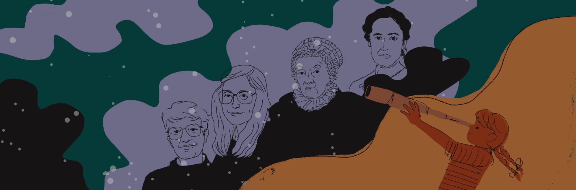 Ilustración horizontal. En la parte inferior hay una niña de perfil mirando a través de un telescopio. En el centro de la imagen aparecen de izquierda a derecha: Vera Rubin, Margaret Hamilton, Caroline Herschel y Henrietta Leavitt.