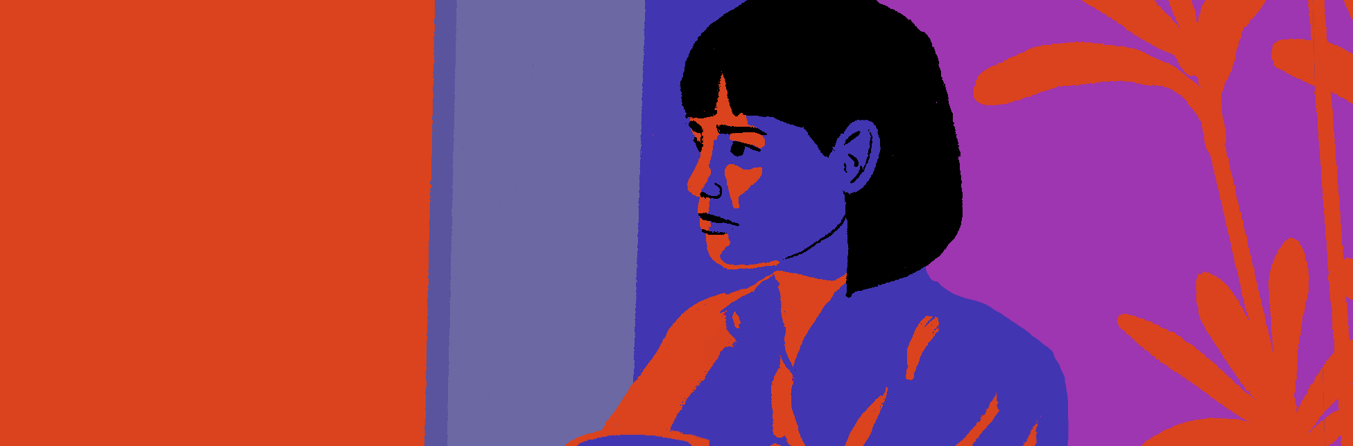 Ilustración. Sobre un fondo en tonos naranjas, violetas y lilas aparece la ilustración de una persona en perfil, con el cabello corto y recto, que sostiene una taza. A la izquierda se ven siluetas de hojas.