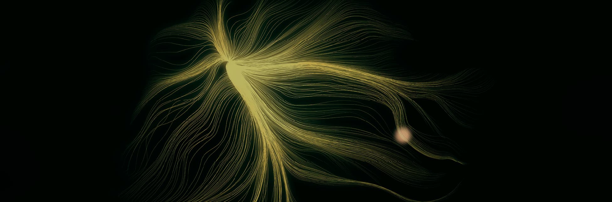 Ilustración. Sobre un fondo negro se extiende una figura abstracta formada por líneas finas y onduladas en tonos amarillos que irradian desde un punto brillante y se curvan como corrientes de luz.