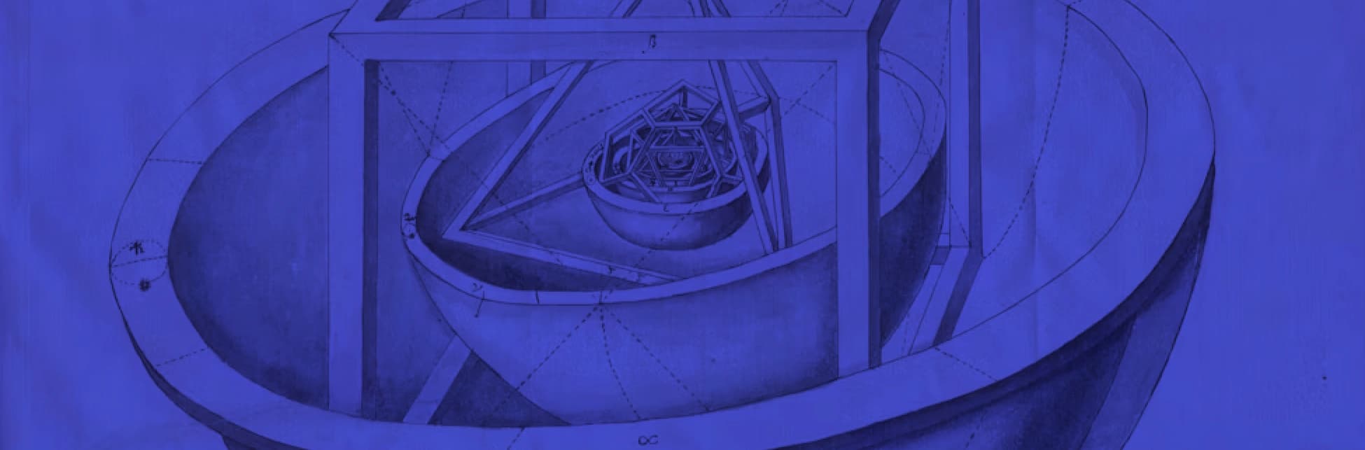 Ilustración. Sobre un fondo azul con un dibujo técnico que representa estructuras geométricas tridimensionales.
