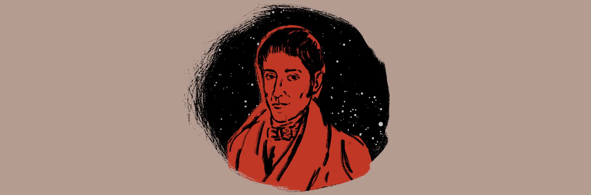 Ilustración. Sobre un fondo negro, como de cielo estrellado, aparece enmarcado en un círculo el retrato dibujado del sabio Francisco José de Caldas, en color rojo.