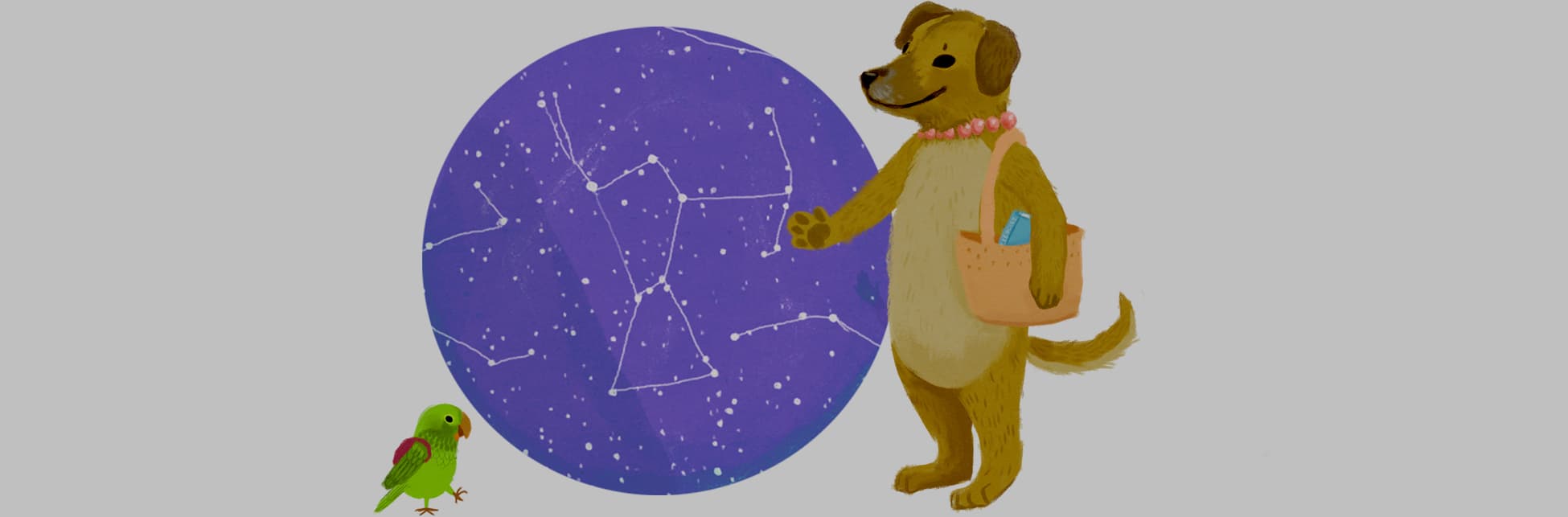 Ilustración. En la parte inferior de la imagen una perra de pie sobre sus patas traseras sostiene en su hombro un bolso, a su lado un lorito color verde con un morral en su espalda. Diagonal a ellos un círculo dentro del cual hay estrellas y asterismos: puntos unidos por líneas.