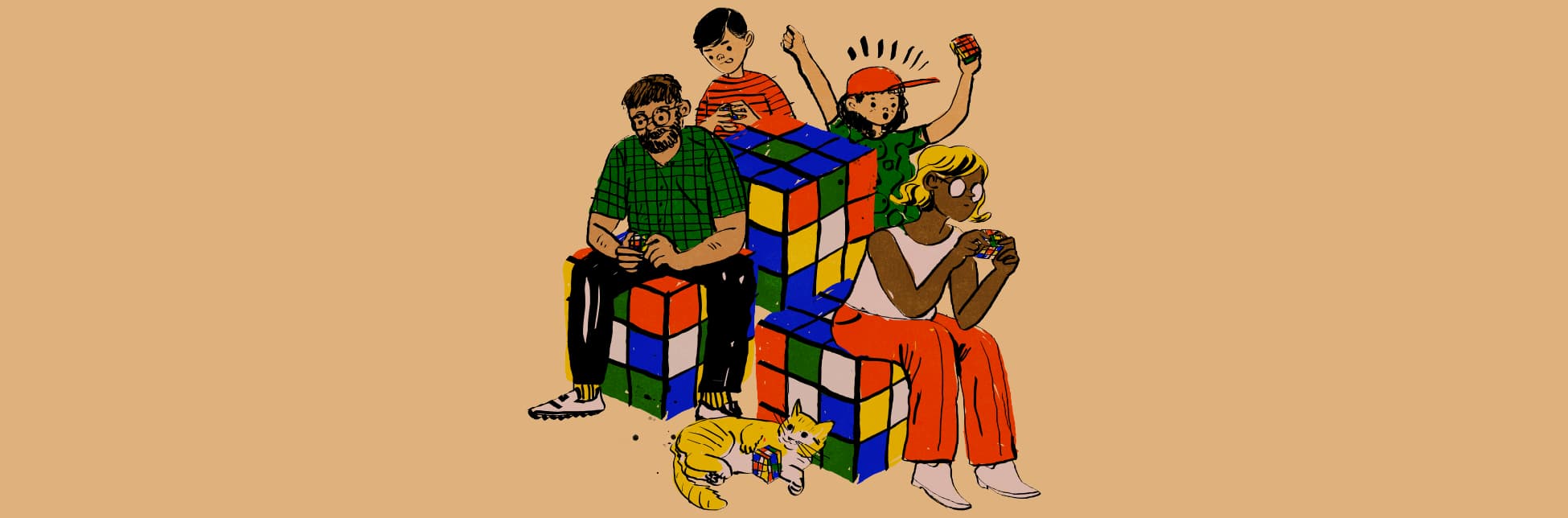 Ilustración. El fondo es de un color uniforme y claro. Sobre él se ve un conjunto de cubos de Rubik apilados de gran tamaño, en cuyos lados aparecen colores como azul, verde, rojo, amarillo y blanco. Varias personas interactúan con cubos: un hombre con barba y gafas sentado sobre un cubo sostiene uno entre sus manos; un joven detrás suyo observa otro cubo; una persona con gorra alza un cubo con gesto entusiasta; y una mujer sentada a la derecha manipula otro cubo con concentración. En el suelo, un gato sostiene también un pequeño cubo entre sus patas.