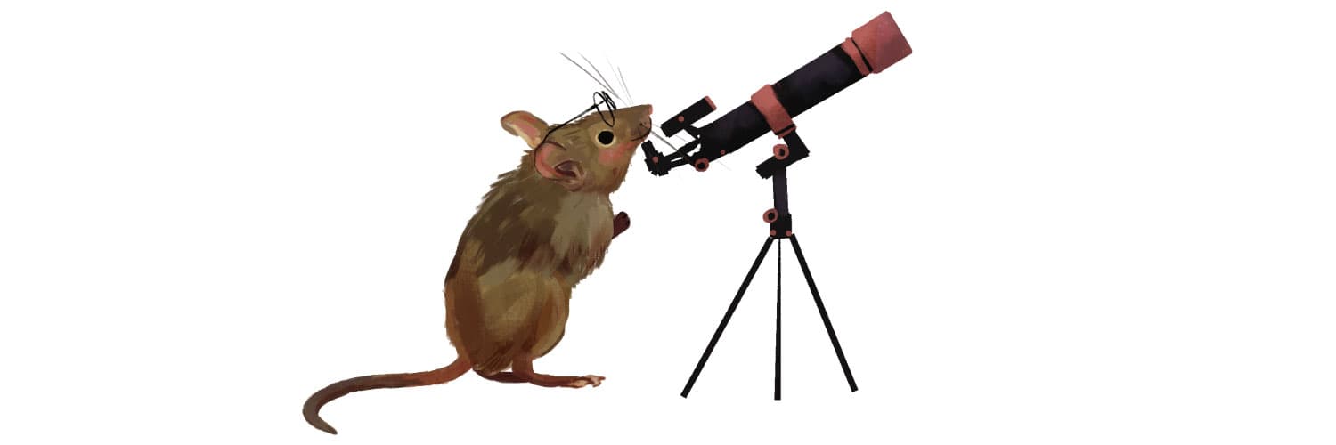 Ilustración. En el centro de la imagen un ratón con anteojos mirando por un telescopio.