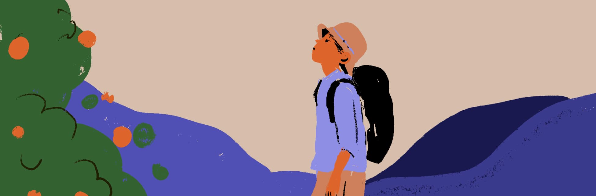 Ilustración. En primer plano, una persona con sombrero, camisa de manga larga y mochila observa hacia arriba mientras camina. A la izquierda se distinguen arbustos con frutos redondos de color naranja. Al fondo se extienden colinas onduladas en tonos azulados y un cielo uniforme.