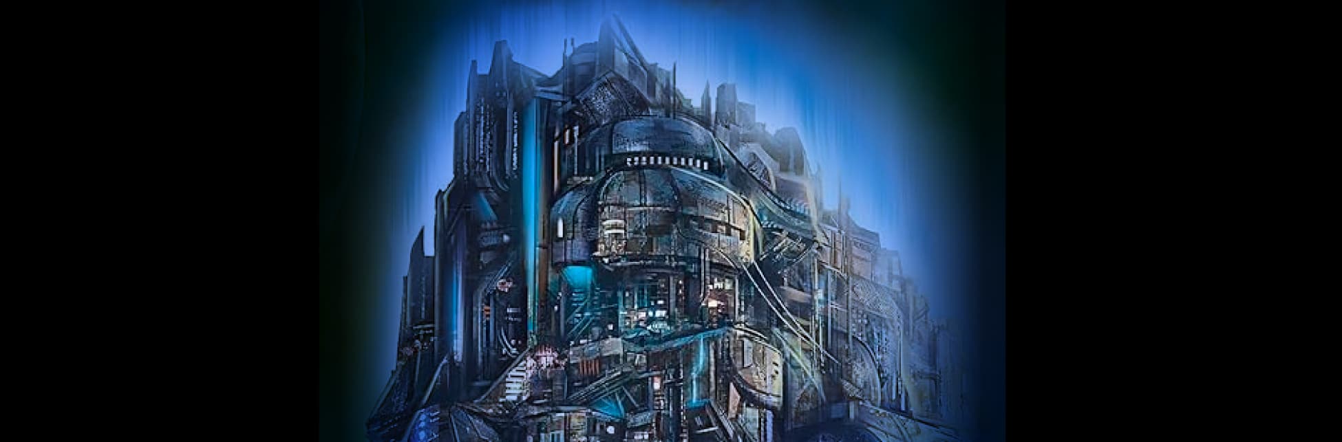 Ilustración. En el centro de la imagen una construcción grande de metal rodeada de una niebla espesa.