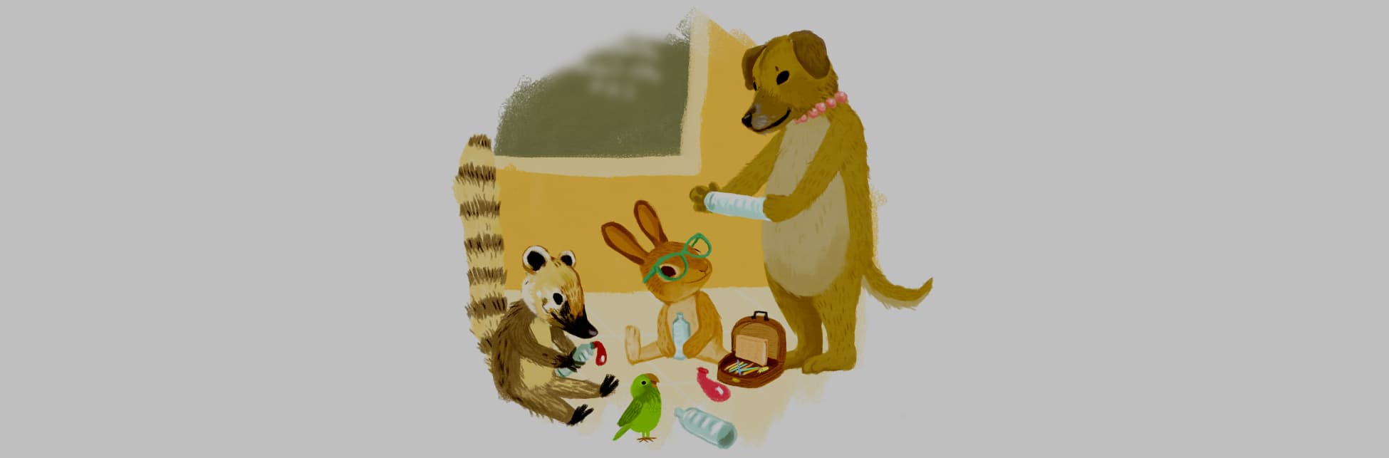 Ilustración. En el centro de la imagen una perra, parada en sus patas traseras y sosteniendo con las delanteras un objeto cilíndrico. En el piso, sentados, observándola un cusumbo, un conejo y un lorito.