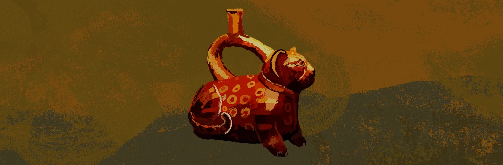 Ilustración. En el centro de la imagen un jarrón con forma de gato, tiene algunas machas circulares sobre el lomo.
