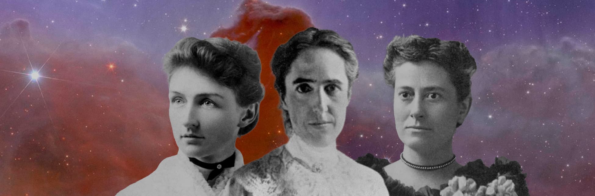 Ilustración. Sobre un fondo de cielo estrellado con nebulosas, se observan tres retratos fotográficos en blanco y negro de mujeres, dispuestos uno al lado del otro, sobre un fondo oscuro.