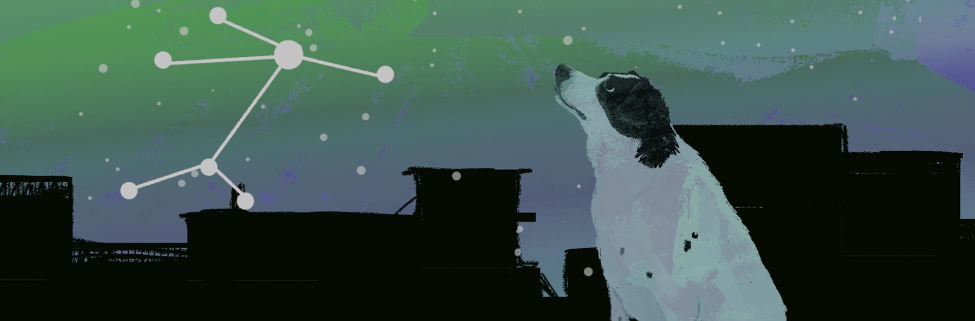 Ilustración. Sobre un fondo verde con gris, en la parte inferior derecha un perro blanco con una mancha negra en la cabeza y oreja está sentado de perfil mirando al cielo. En el fondo hay siluetas de edificios y en el cielo varias estrellas, algunas foman la figura de una constelación en la parte central izquierda.