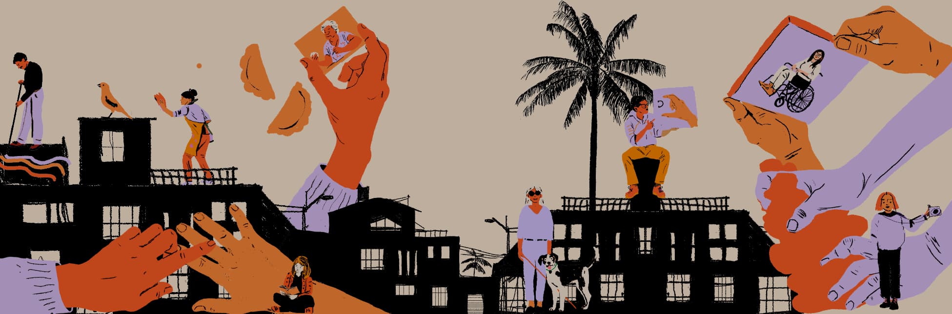 Ilustración. Sobre un fondo beige, se representa una escena urbana con edificios oscuros y siluetas arquitectónicas en contraste. A la izquierda, un hombre barre una azotea; cerca, una mujer sostiene una pieza rota y un ave se posa sobre una cornisa. Diversas manos sostienen fotografías de personas: una muestra a una mujer mayor, otra a una mujer en silla de ruedas, y otra más una mano señalando algo. Una mujer con bastón guía y perro camina por la acera, y otra persona toma fotografías. En el centro, un hombre se sienta en lo alto de un edificio mientras observa una imagen. Entre los edificios crecen palmeras. En la parte inferior derecha, una mano forma un corazón con otra. No hay textos visibles en la imagen.