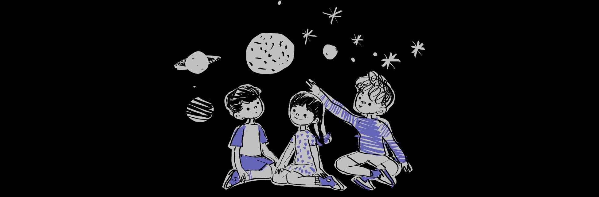 Ilustración. Dos niños y una niña apreciando la luna, las estrellas y los planetas que están sobre ellos; uno de los niños señala hacia arriba con su mano extendida.