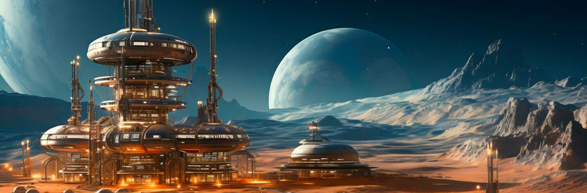 Ilustración. Una colonia lunar futurista, con estructuras y cúpulas habitacionales con un cielo estrellado. Al fondo se puede ver el planeta Tierra y otro cuerpo celeste, creando un paisaje y donde se puede ser la superficie de la Luna.