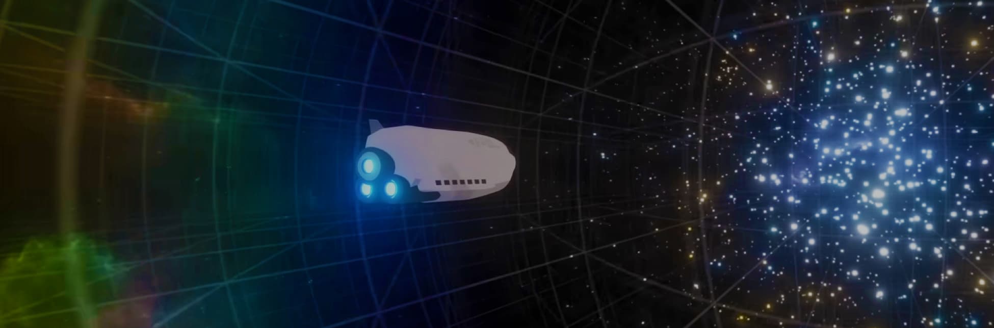 Ilustración. Una nave espacial iluminada con luces azules en la parte trasera se mueve a través de un entorno oscuro lleno de estrellas y líneas brillantes que representan la curvatura del espacio tiempo.
