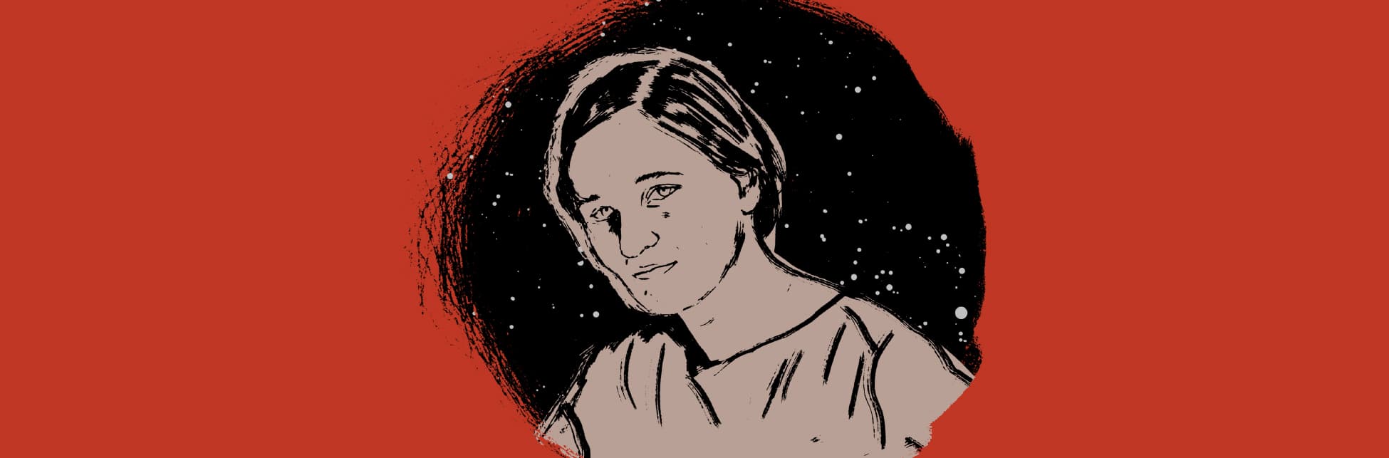 Sobre un fondo rojo y negro aparece ilustrada, de plano medio y de perfil, la astrofísica Cecilia Payne