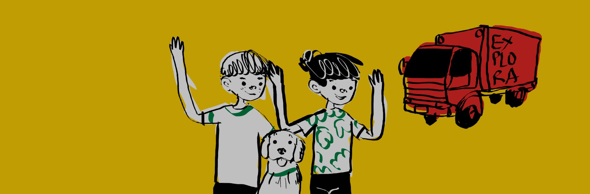 Ilustración. Sobre un fondo amarillo, se observan una niña, un niño y un perro en el centro de la imagen. Los niños están dibujados en estilo caricaturesco, con expresiones alegres y levantando una mano en señal de saludo. A la derecha de la imagen, aparece un camión rojo con el texto "Explora" escrito en el costado.