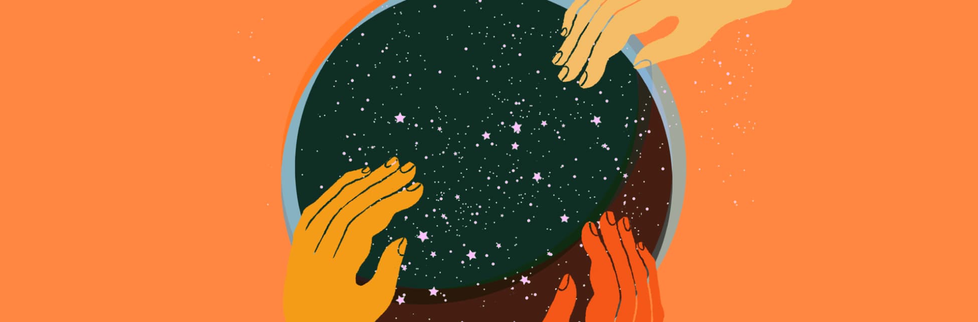 Ilustración. En el centro de la imagen un círculo que tiene por dentro estrellas de distintos tamaños, Varias manos salen de las esquinas de la imagen y se posan sobre el círculo.