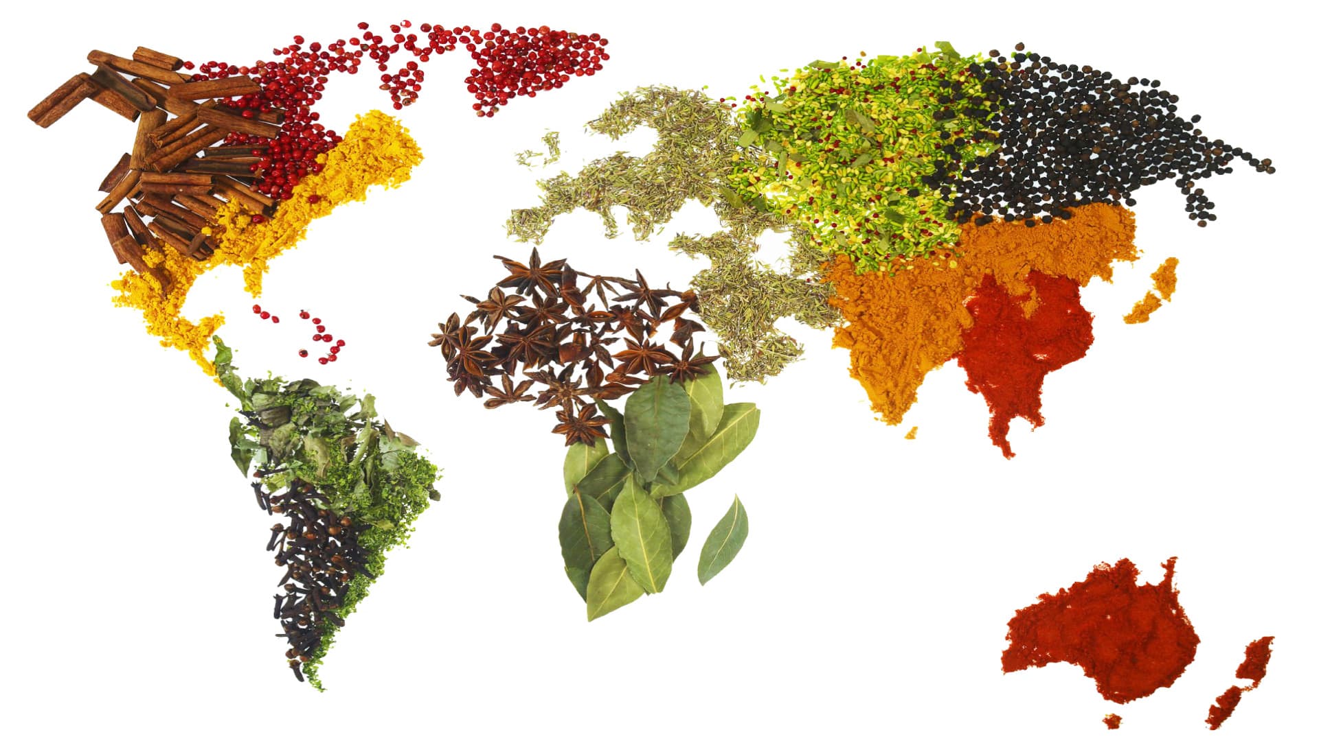 Ilustración. Sobre un fondo blanco, hay un mapa del mundo compuesto por especias de diversos colores y formas, como canela, clavo, hojas verdes, pimienta negra y pimientos rojos.