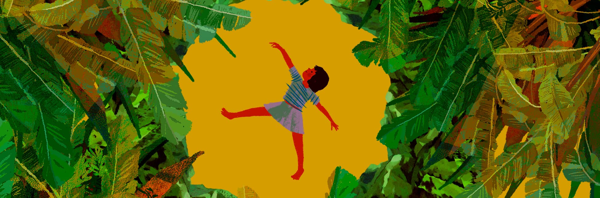 Ilustración. En el centro, rodeada de plantas que forman un círculo, una niña se para en la punta de un pie y extiende sus brazos, uno arriba y otro abajo.