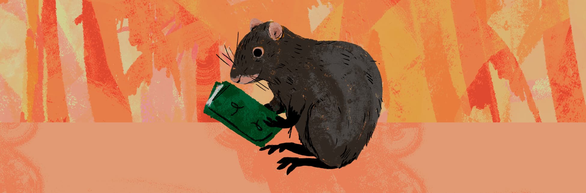 Ilustración. En la parte inferior un ñeque de perfil, un animal con forma de roedor, de color gris con naríz y orejas pequeñas y rosadas. El ñeque mira fijamente un libro color verde que sostiene entre sus patas delanteras.