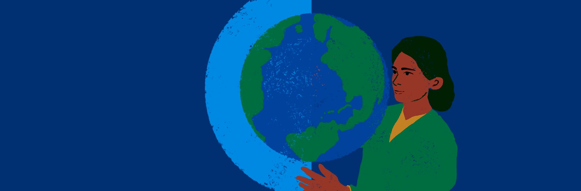 Afiche ilustrado. Sobre un fondo azul oscuro, aparece la figura de una mujer de cabello corto y oscuro, con rostro anaranjado y traje verde, que sostiene un globo terráqueo en tonos azules y verdes.