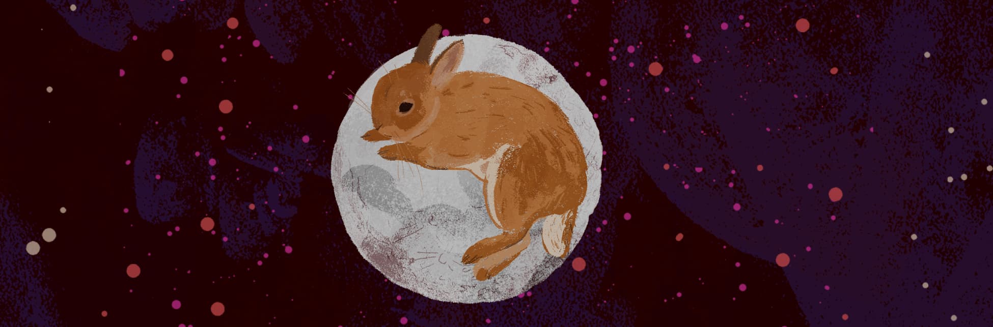 Ilustración horizontal. En la parte inferior derecha de la imagen sobre un círculo blanco que simula la luna está acostado un conejo pequeño color café claro. Tiene sus patas delanteras junto a su cabeza y sus patas traseras estiradas.