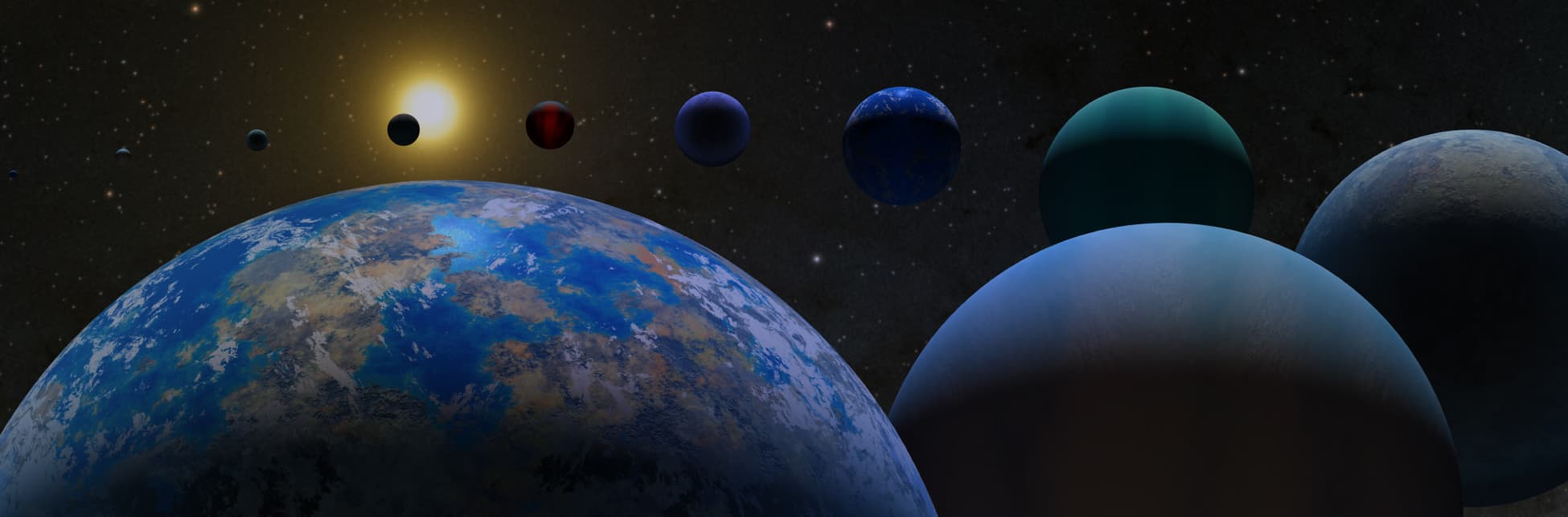 Ilustración. A la izquierda sobresale una parte de un planeta esférico azul con café que es rodeado por otras esferas de distintos colores. Al fondo, una estrella amarilla sobre el universo negro.
