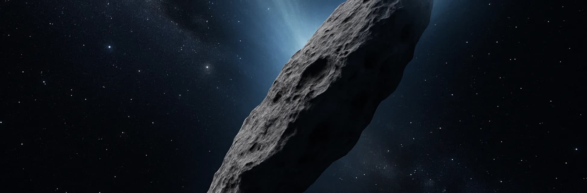 Ilustración. En el centro de una escena espacial con fondo estrellado aparece un objeto alargado y rocoso, similar a un asteroide, que emite una estela de luz azulada.