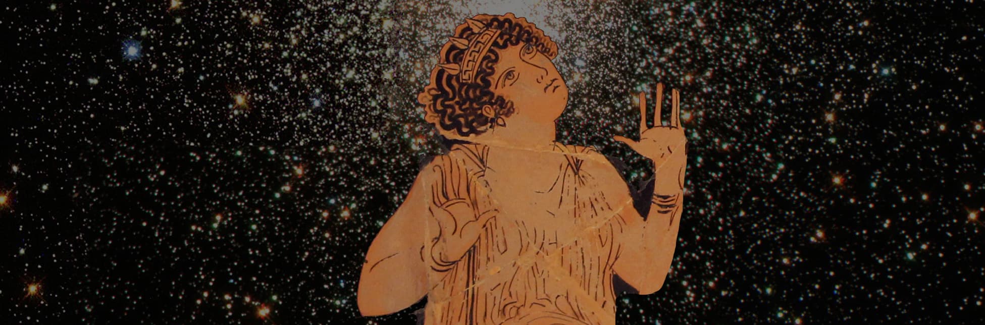 Ilustración. Sobre un fondo estrellado del cielo profundo, se encuentra la figura de una mujer dibujada en estilo clásico, con túnica y manos levantadas, tomada de una cerámica antigua.
