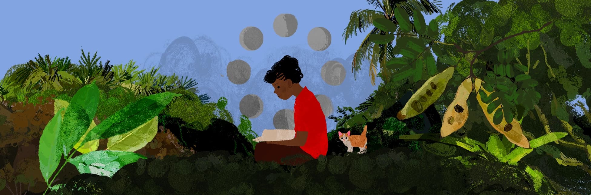 Ilustración. En un entorno de vegetación abundante, un niño está sentado leyendo un libro, acompañado por un gato; sobre su cabeza aparecen varias formas circulares que representan fases lunares.